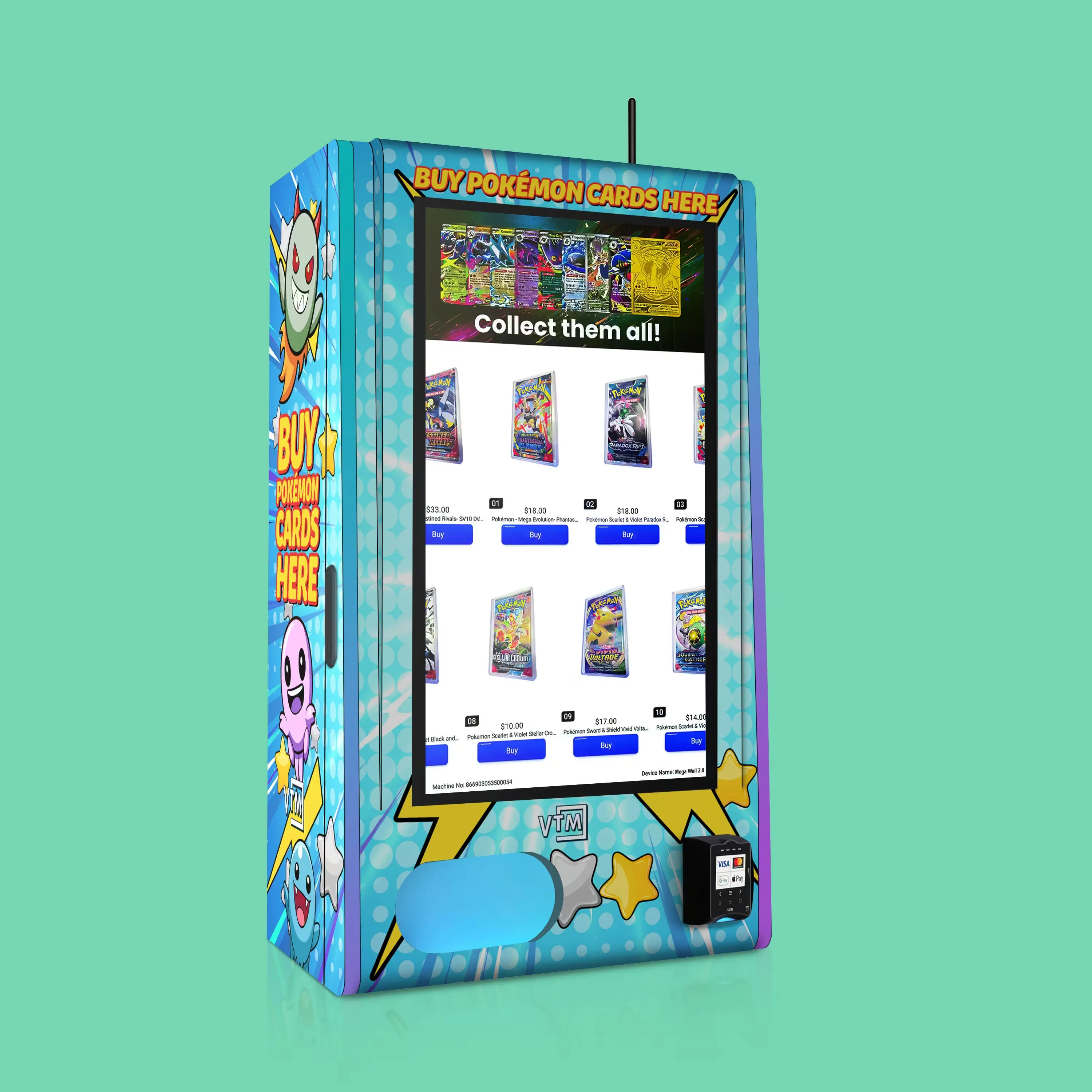 VTM Mega Wall 2.0 trading-card vending machine with a large touchscreen, cashless reader, and example card-themed wrap