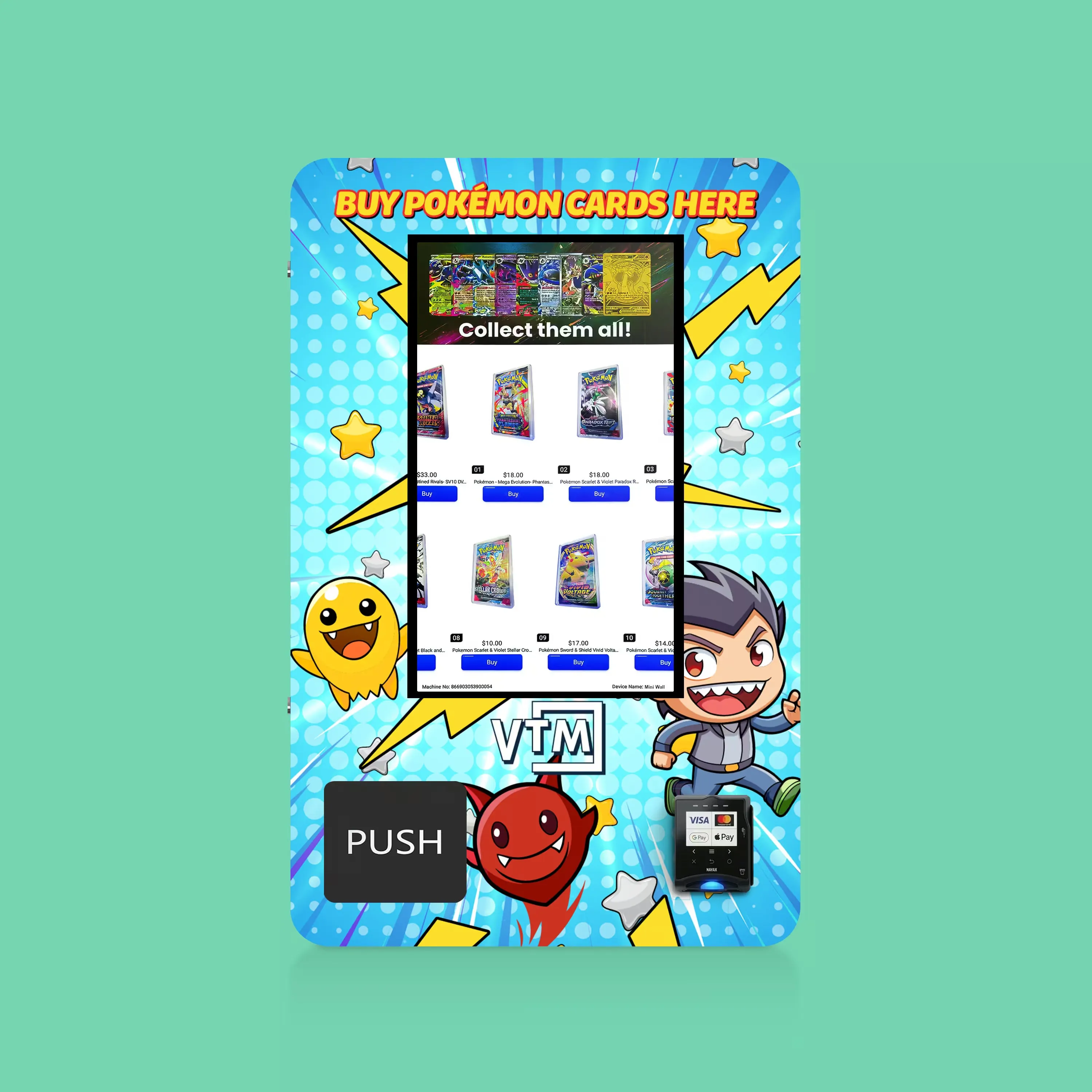 VTM Mini TCG touchscreen trading-card vending machine, shown with an example card-themed wrap