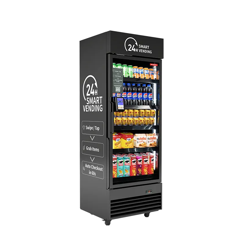 Single-door smart cooler shown at a three-quarter angle