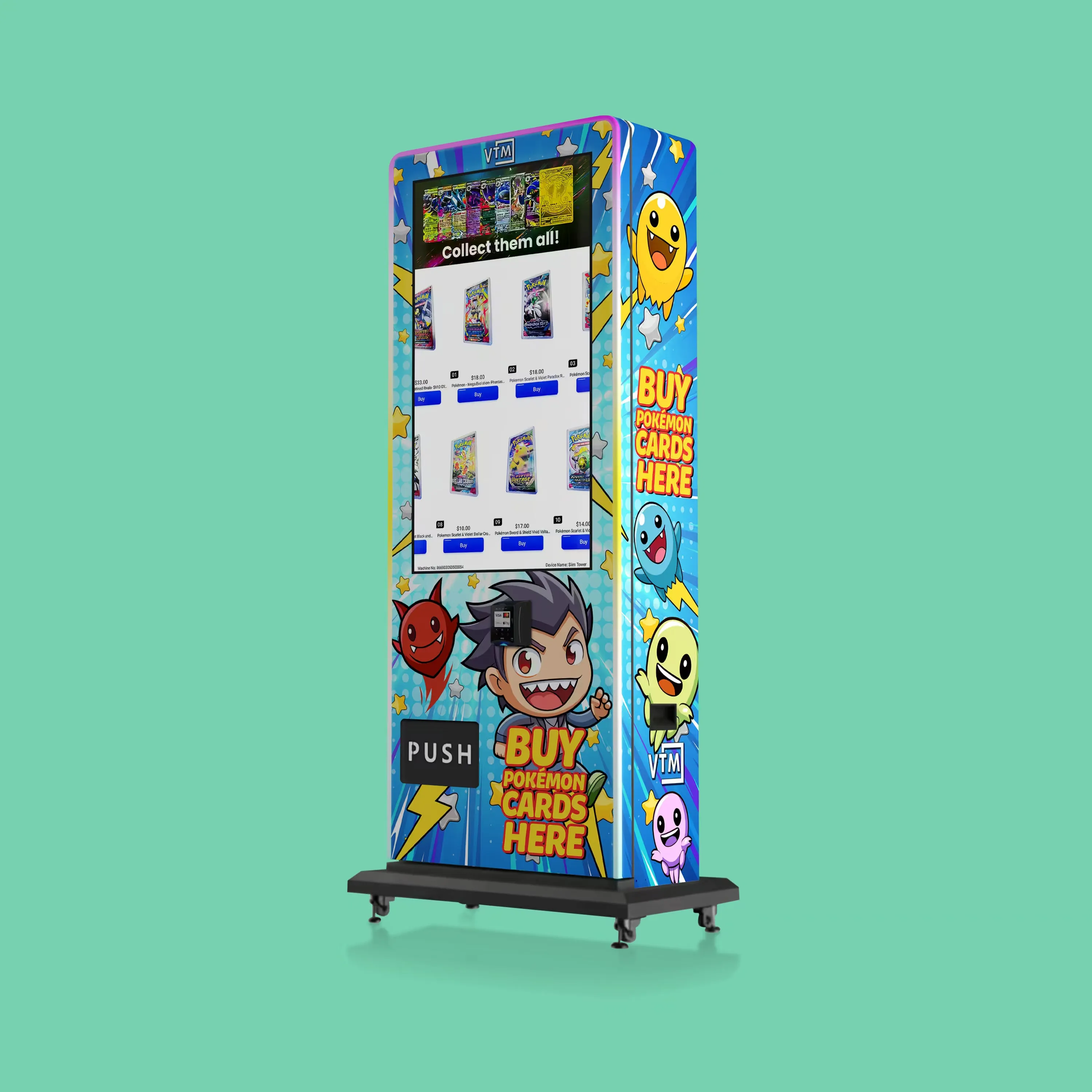 VTM Slim Tower 2.0 TCG touchscreen trading-card vending machine, shown with an example card-themed wrap