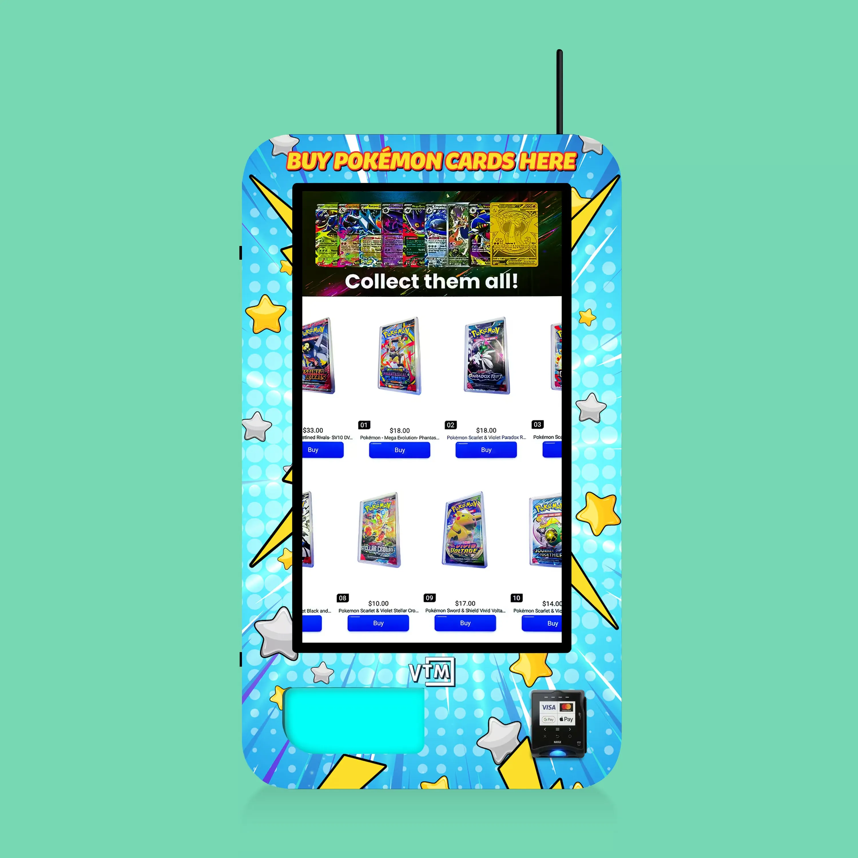 VTM Slim Wall TCG touchscreen trading-card vending machine, shown with an example card-themed wrap